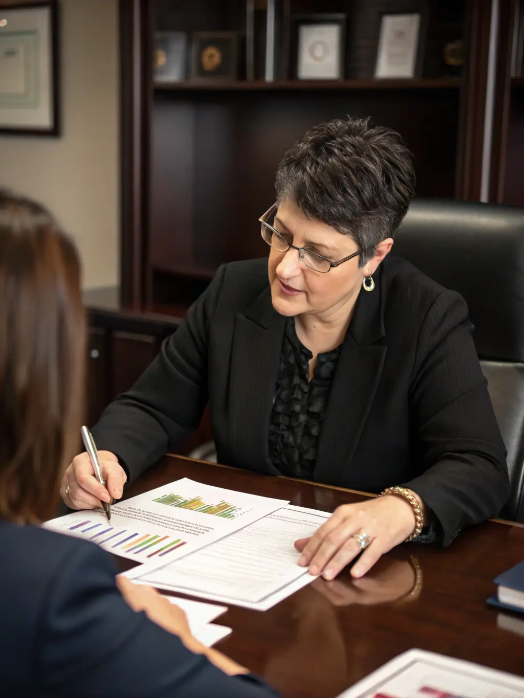 An image of a mature individual reviewing retirement plans with a financial advisor, with charts and investment portfolios displayed on a screen, illustrating Wealth Management & Retirement Planning.
