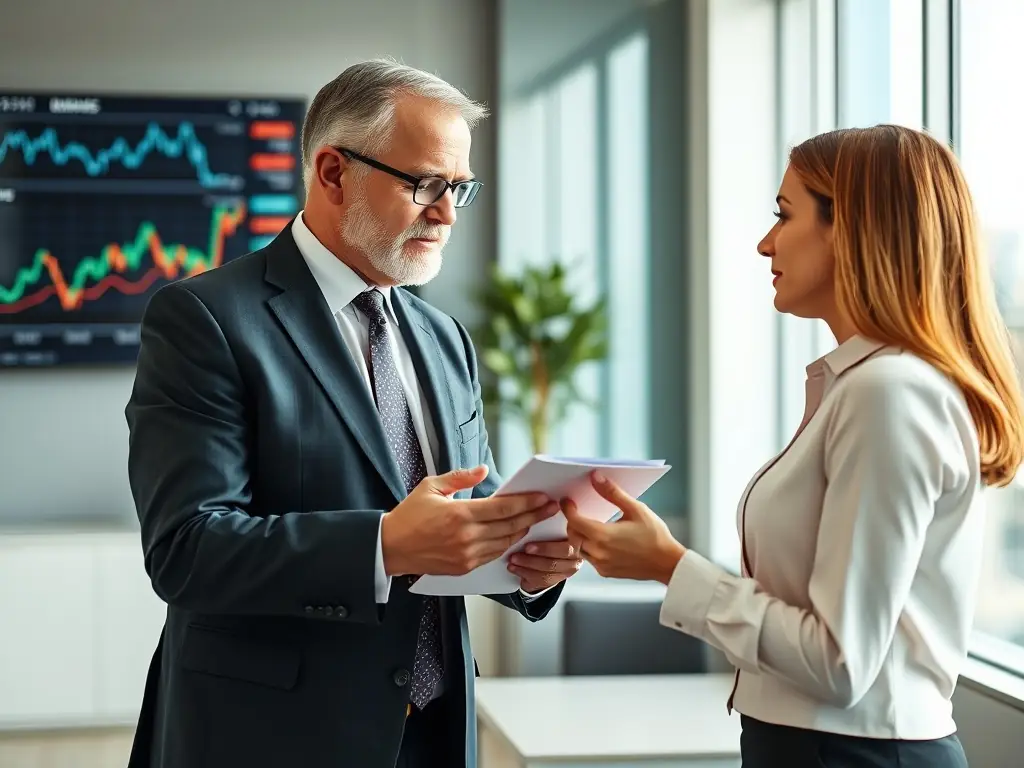 An image of a financial advisor explaining complex financial concepts to a client using simple, easy-to-understand language and visual aids.